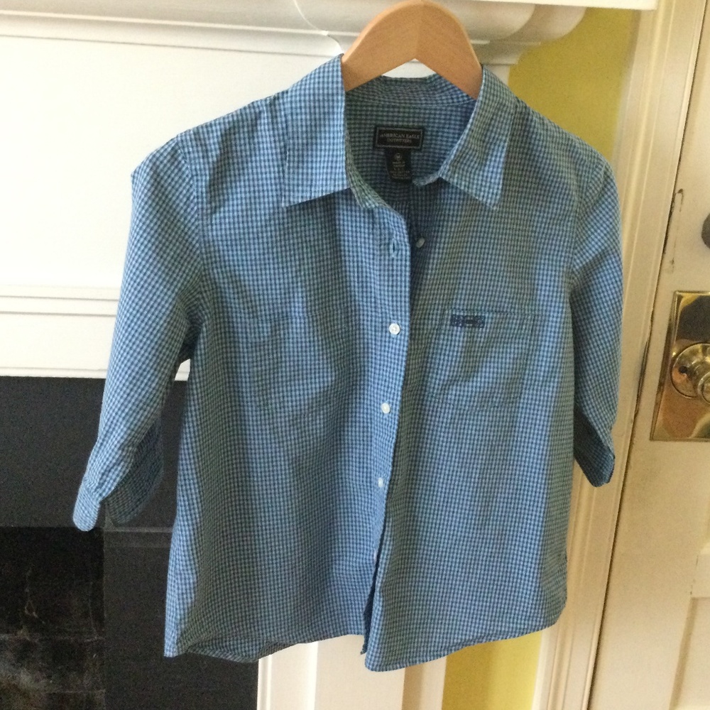 Vintage American Eagle Button Up 5/8 Sleeve Plaid Check Blue - Sz Medium